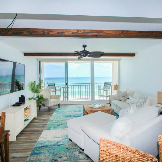 Tastefully decorated living room with stunning oceanfront view