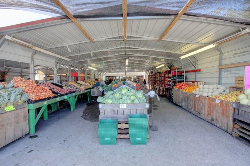 produce market with fresh fruits and veggies